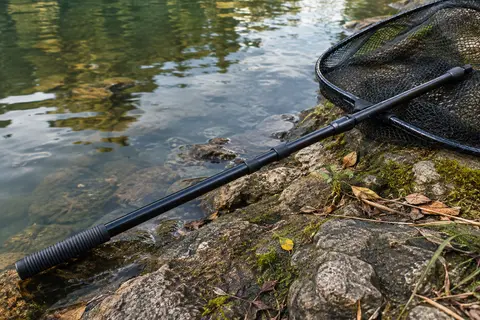 Manche d’épuisette télescopique noir en fibre de verre posé au bord d’une rivière calme