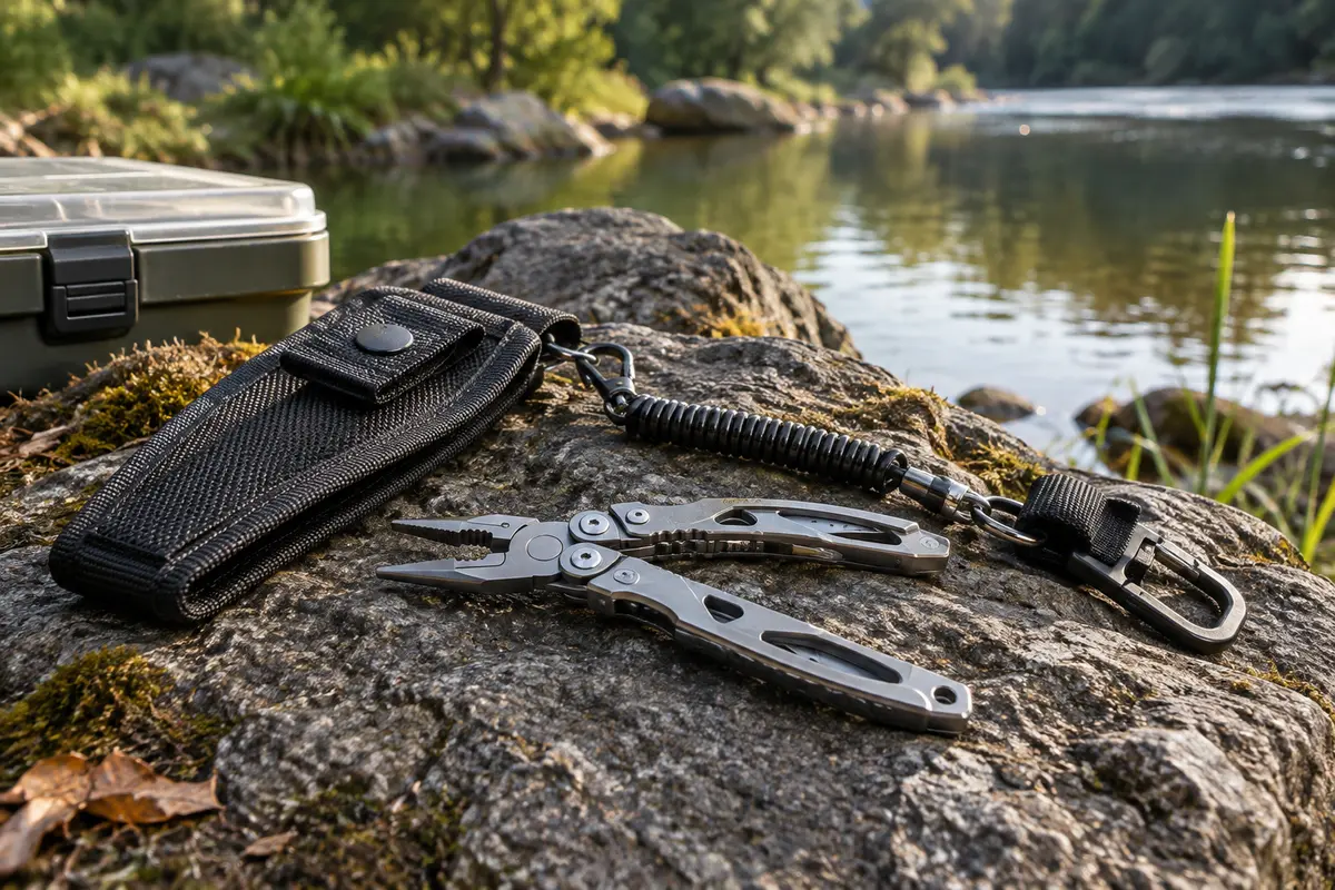 Pince de pêche multifonction grise avec gaine en nylon et cordon enroulé, posée au bord d’une rivière