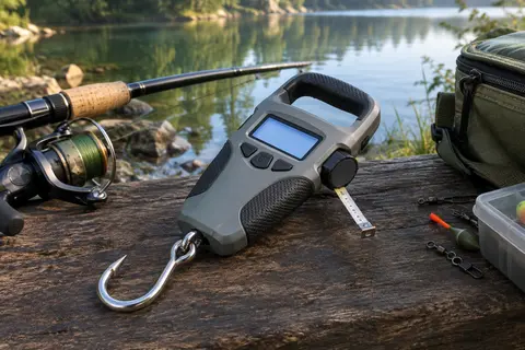 Balance numérique grise avec écran LCD, crochet en acier inoxydable et mètre ruban intégré près d’une rivière.