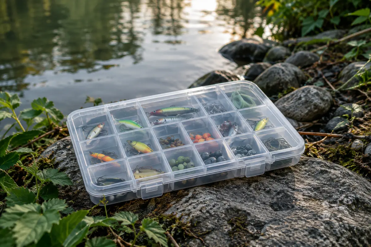 Boîte de pêche transparente à 20 compartiments, remplie de petits leurres et accessoires de montage.