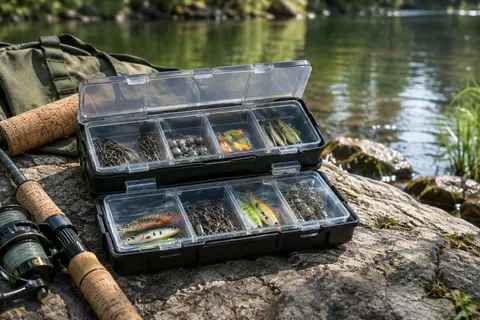 Boîte de pêche noire à deux niveaux avec neuf compartiments transparents au bord d’une rivière