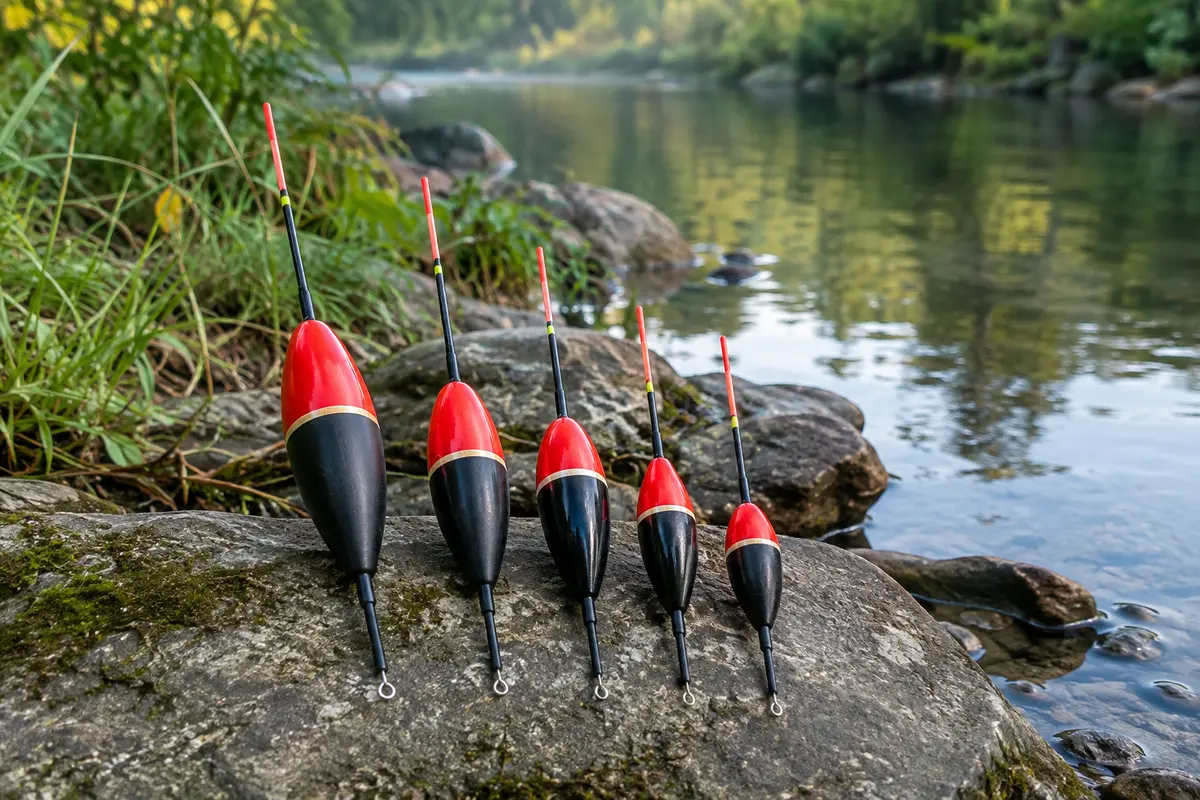 Cinq flotteurs de pêche en balsa rouge et noir disposés près d’une rive calme