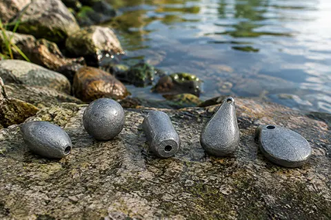 Cinq plombs de pêche gris en plomb disposés sur une rive calme près de l’eau