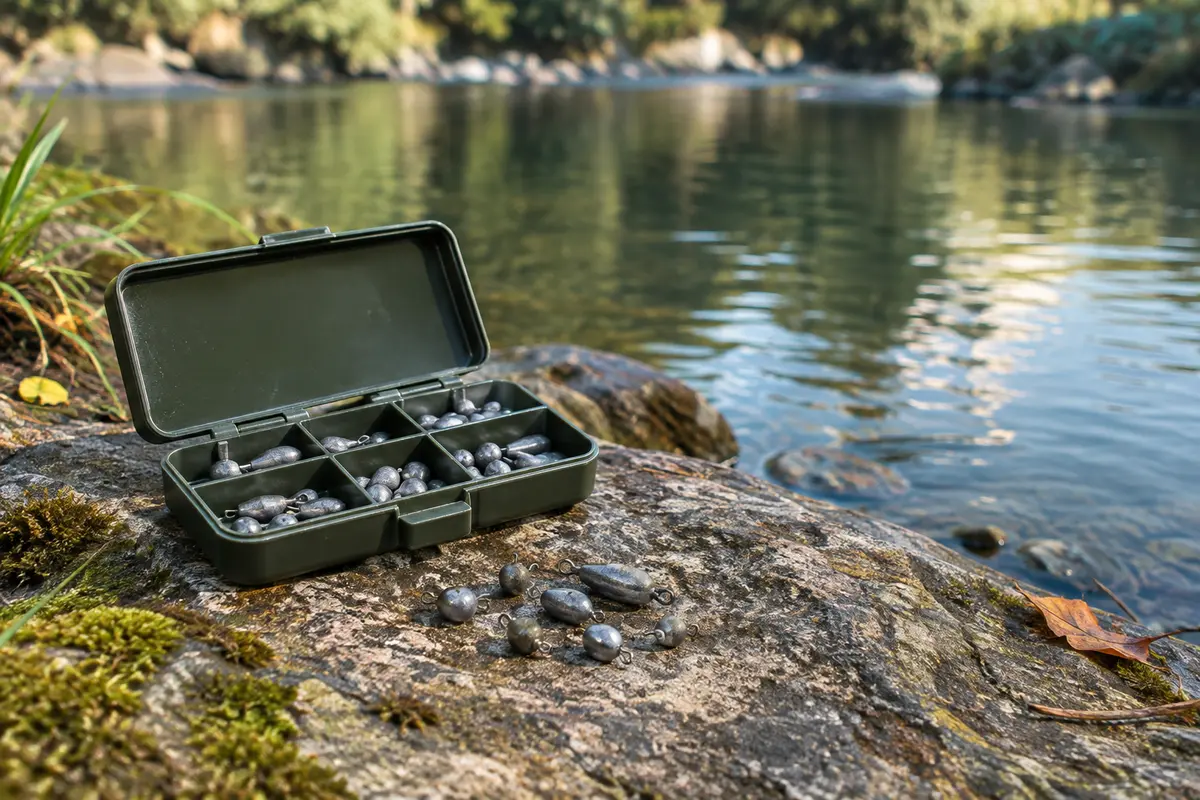 Plombs de pêche gris de 0,25 à 2 g rangés dans leur boîte près d’une rive calme.