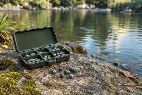 Plombs de pêche gris de 0,25 à 2 g rangés dans leur boîte près d’une rive calme.