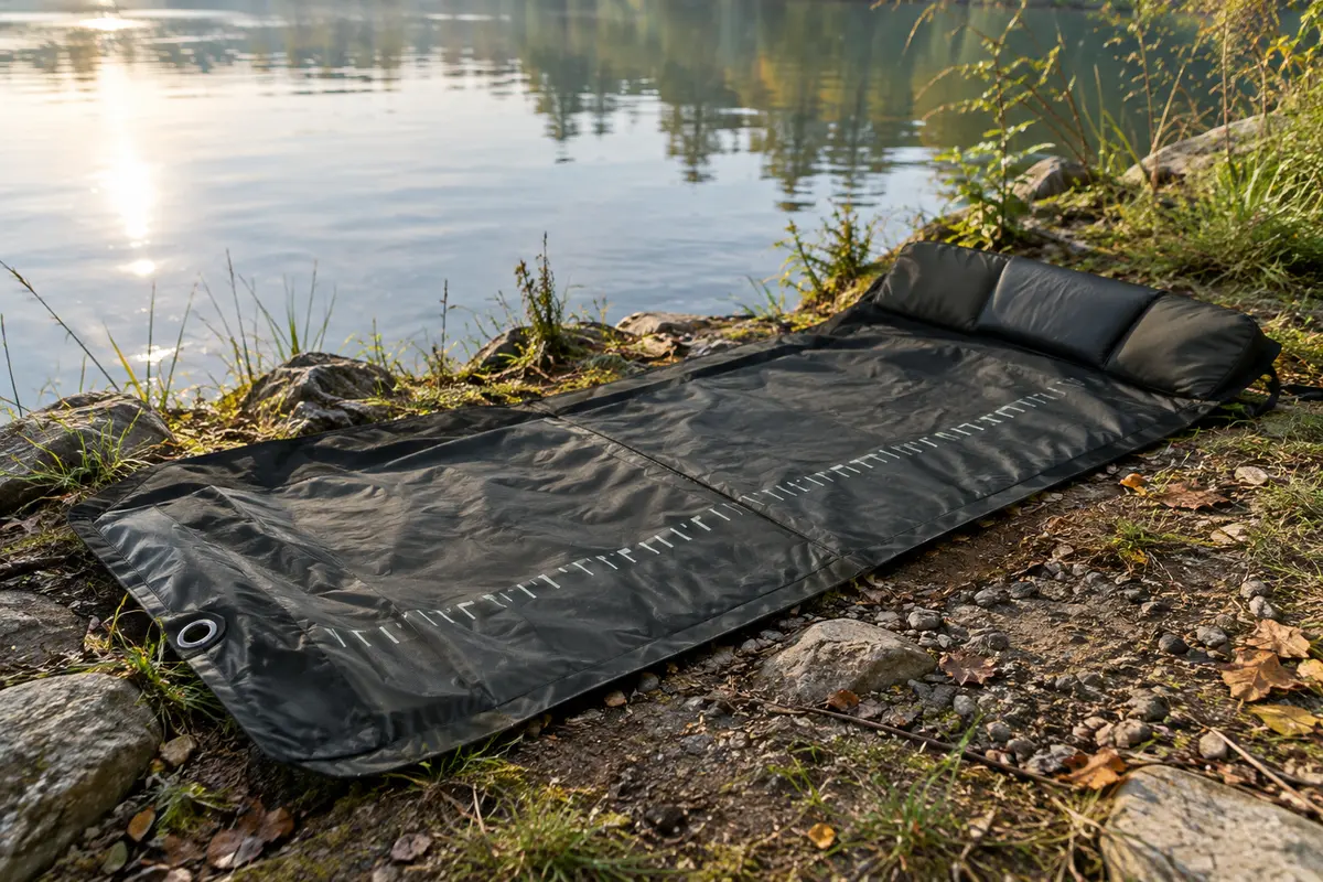 Tapis de réception noir déroulé au bord d’une rivière, avec genouillère rembourrée et graduations imprimées.