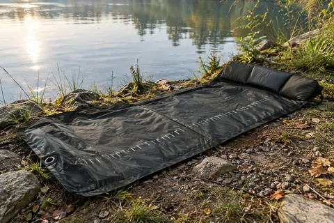 Tapis de réception noir déroulé au bord d’une rivière, avec genouillère rembourrée et graduations imprimées.