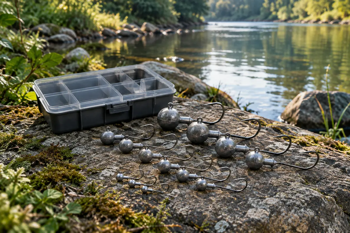 Assortiment de têtes plombées Jig en métal avec hameçons et boîte de rangement au bord de l’eau.