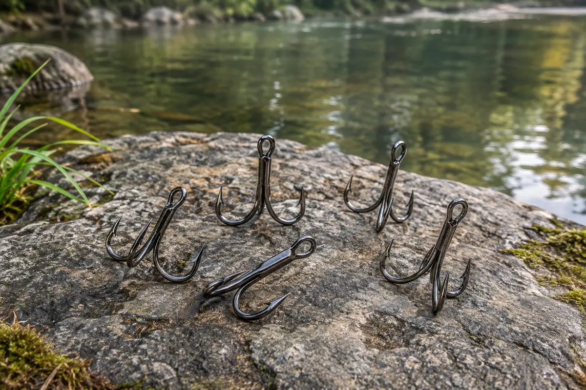 Hameçons triples Piscorush en finition nickel noir disposés sur une pierre au bord de l’eau