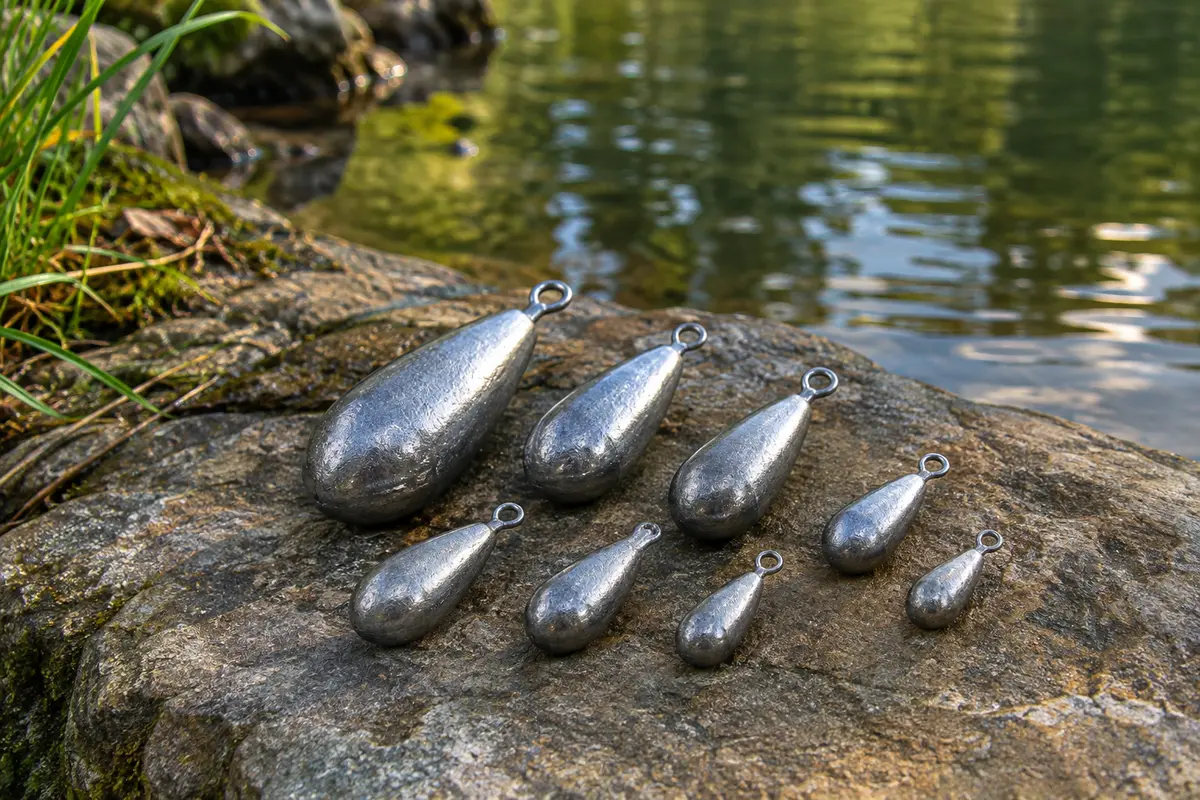 Plombs de pêche en forme de goutte, de plusieurs tailles, posés près d’une rive calme