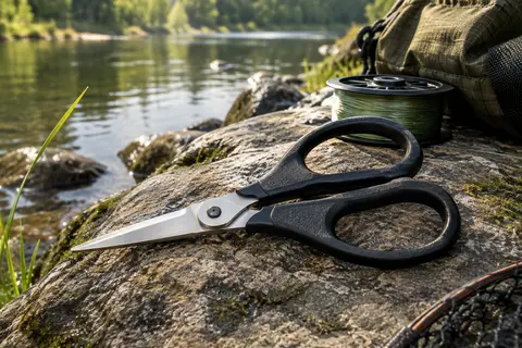 Ciseaux de pêche noirs et argentés posés sur une pierre au bord d’une rivière calme