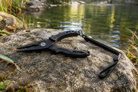 Pince Rapala noire compacte de 11 cm posée près d’anneaux brisés au bord d’une rivière calme