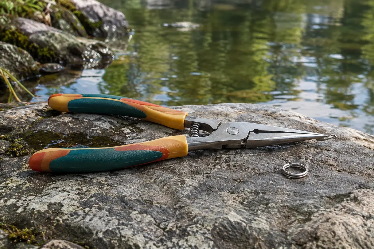 Pince à anneaux brisés à poignées multicolores et bec fin en acier, posée de profil sur une pierre au bord d’une rivière, avec un petit anneau brisé à côté.