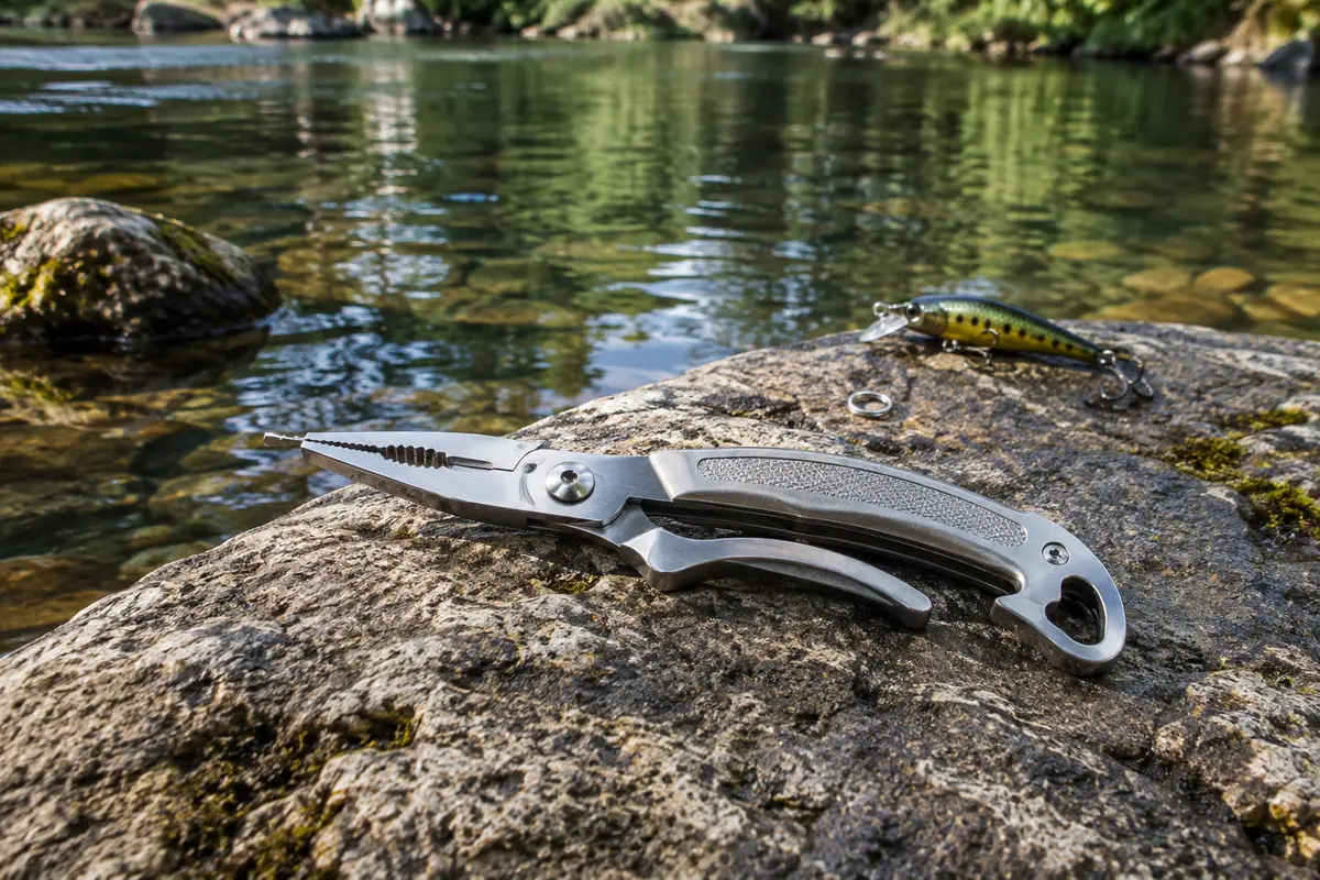 Pince de pêche Rapala en acier inoxydable posée près d’un mini anneau brisé au bord de l’eau