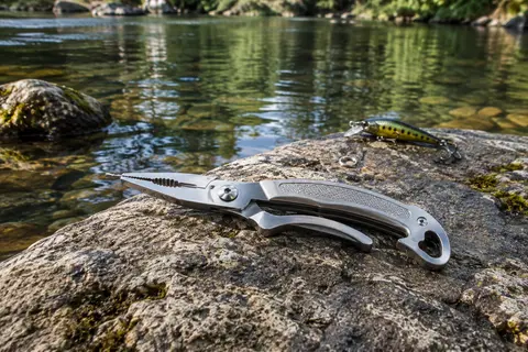 Pince de pêche Rapala en acier inoxydable posée près d’un mini anneau brisé au bord de l’eau