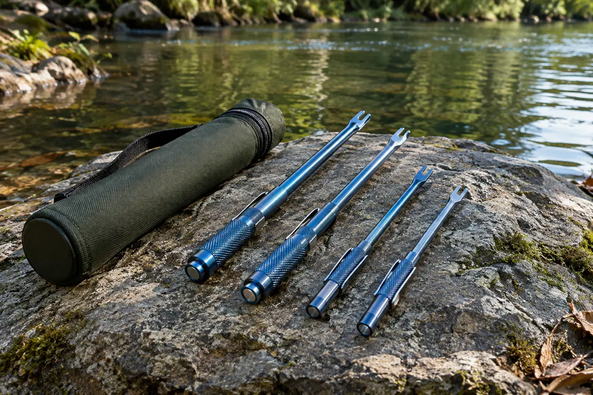 Quatre dégorgeoirs bleus de 13 et 17 cm avec base magnétique et tube de rangement au bord de l’eau