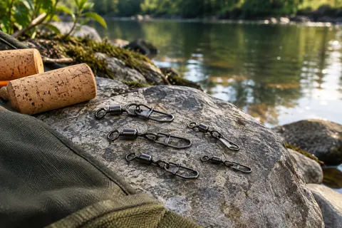 Émerillons roulants Realure à agrafe, finition nickel noir, disposés près d’une rive calme