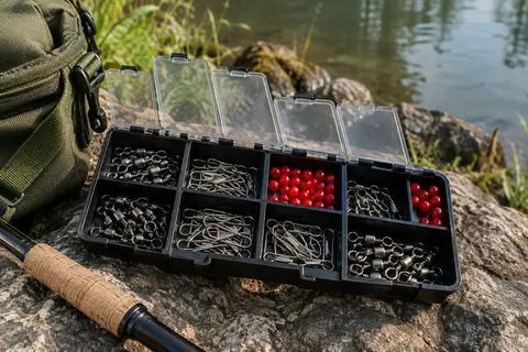 Émerillons, agrafes et perles de pêche rangés dans une boîte compartimentée près d’une rive calme