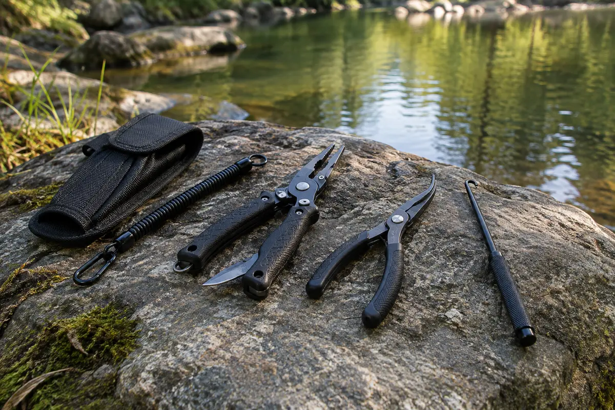 Kit noir de trois outils de pêche en acier inoxydable posé sur une pierre au bord de l’eau