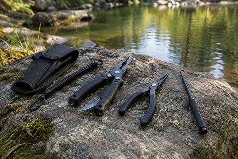 Kit noir de trois outils de pêche en acier inoxydable posé sur une pierre au bord de l’eau