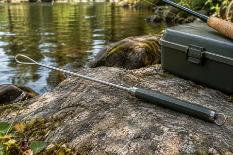 Dégorgeoir de pêche à tige métallique et manche aluminium posé sur une pierre au bord de l’eau