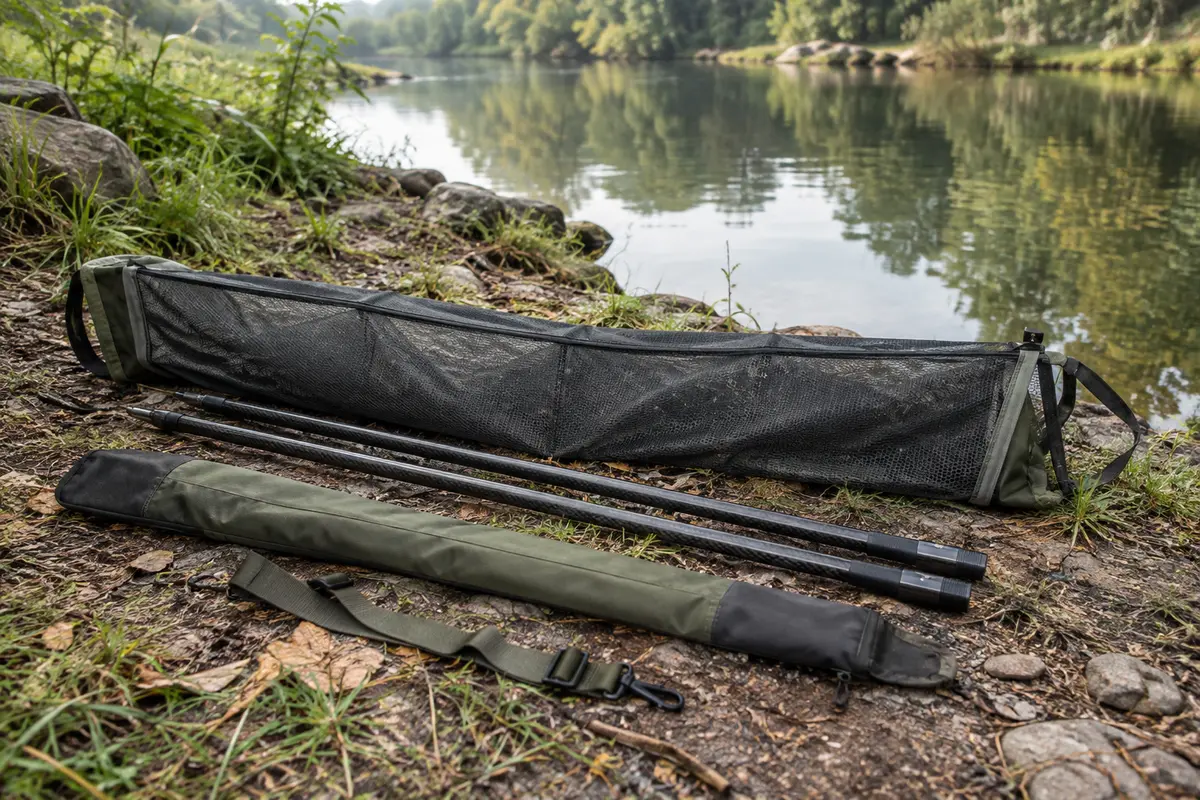 Sac de pesée à maille fine avec pôles carbone, étui et bandoulière sur une rive calme.