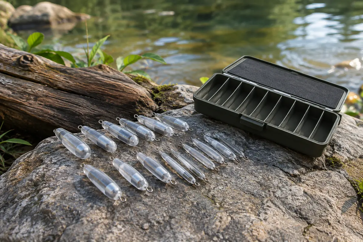 Kit de 18 lests transparents Sbirulino, courts et fins, avec son conteneur près d’une rive calme.