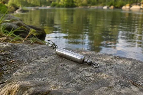 Poids drop shot cylindrique argenté avec clip de ligne et pivot, posé au bord d’une rivière calme.