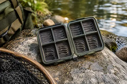 Assortiment d’hameçons à mouche droits et courbés rangés dans une boîte à huit compartiments