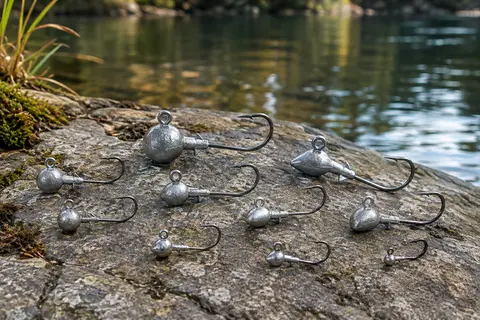 Têtes plombées argentées de plusieurs grammages disposées sur une pierre au bord d’une rivière calme.