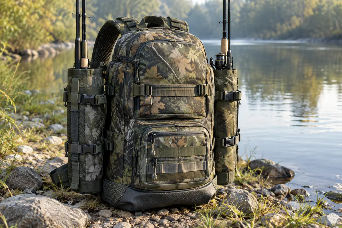 Sac à dos de pêche vert camouflage avec poches porte-cannes, posé au bord d’une rivière calme.