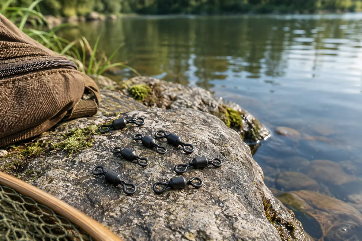 Émerillons roulants de pêche noirs à deux anneaux, disposés sur une pierre près d’une rive calme.