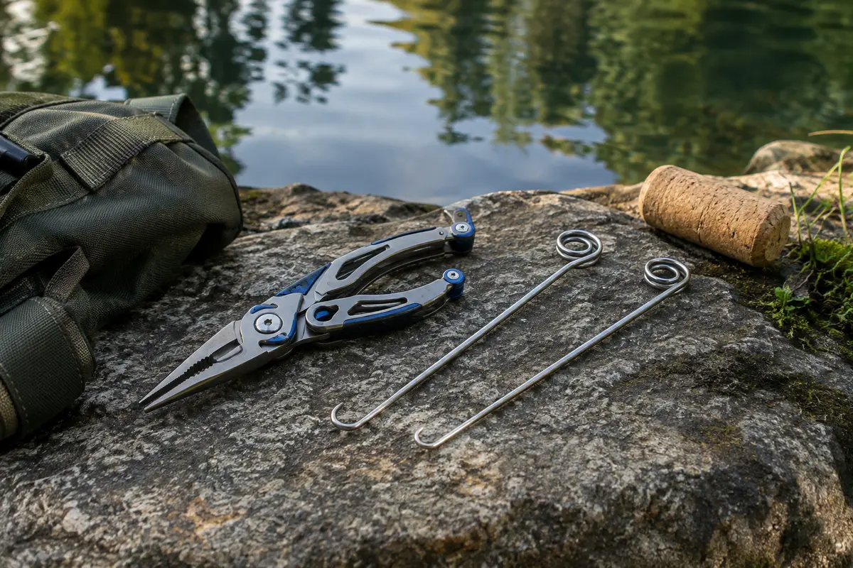 Pince de pêche bleue en acier inoxydable et deux décrochoirs à hameçons posés au bord d’une rivière