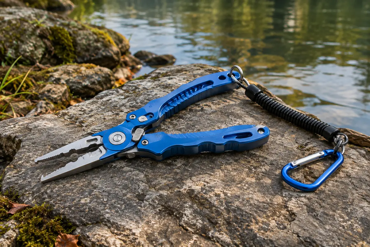 Pince de pêche bleue avec mâchoires, coupe-fil et cordon spiralé posée près d’une rive calme
