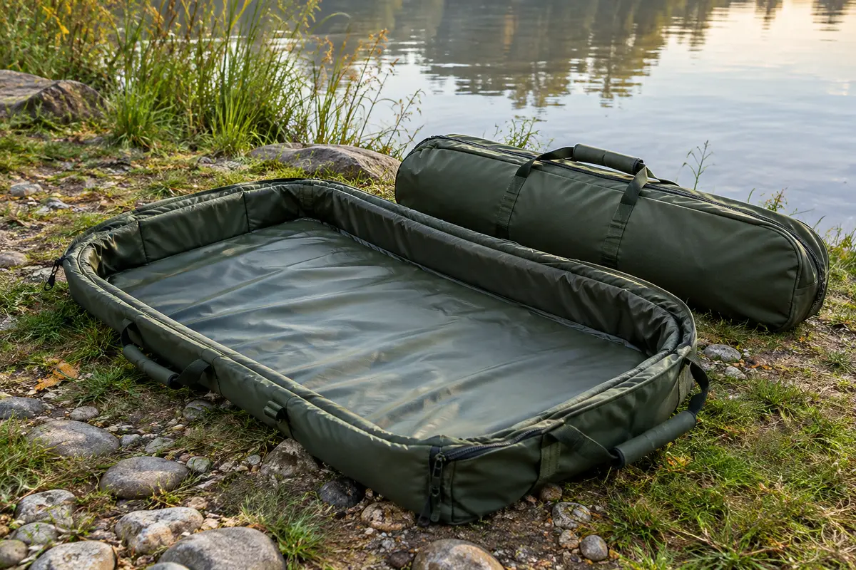 Tapis de réception de pêche vert déployé au bord de l’eau avec sa housse de transport