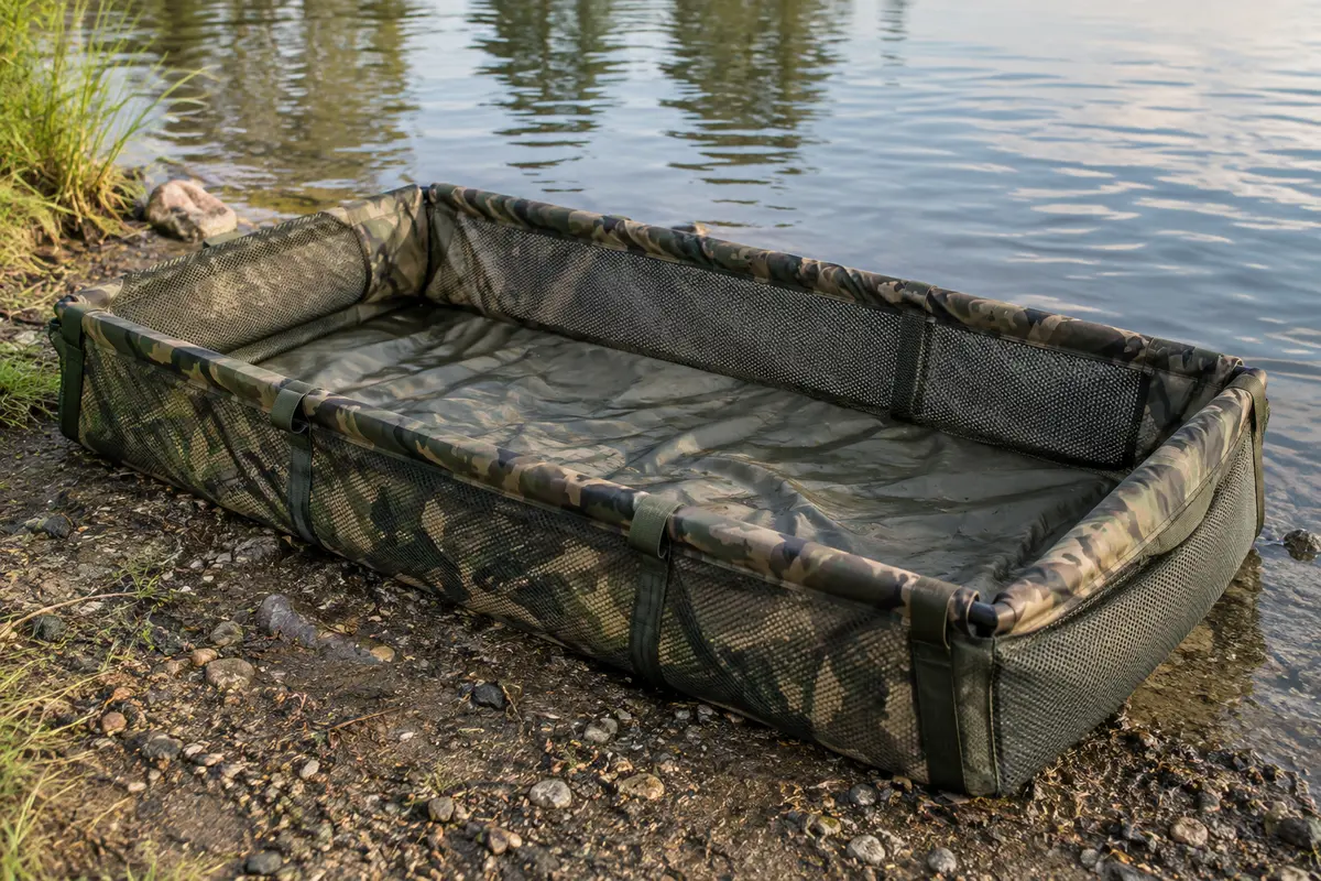 Tapis de réception Ultimate à rebords relevés et ouvertures en maille, posé sur une rive calme.