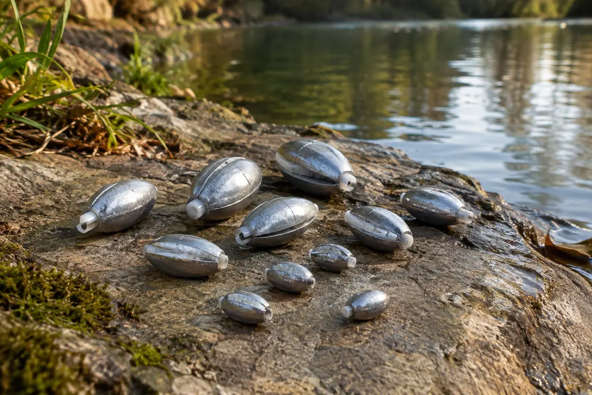 Lests de pêche ovales en fer argenté avec âme plastique, disposés sur une pierre au bord de l’eau.