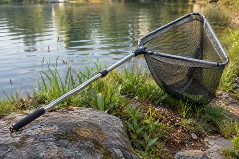 Épuisette pliable à manche télescopique en acier inoxydable et filet nylon, au bord d’une rivière