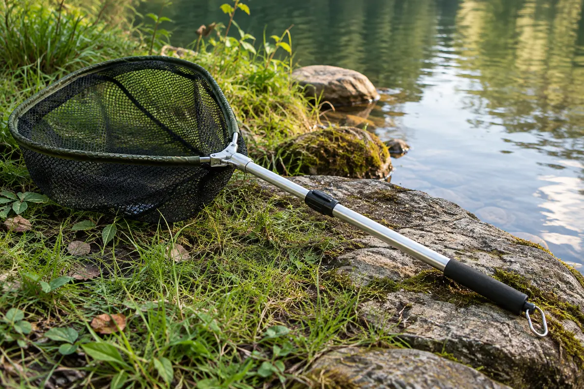 Épuisette pliable à manche télescopique argenté et filet en nylon posée au bord d’une rivière calme.