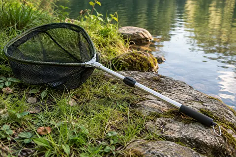 Épuisette pliable à manche télescopique argenté et filet en nylon posée au bord d’une rivière calme.