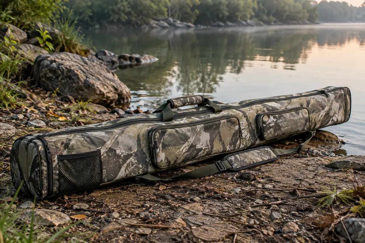 Fourreau de pêche long à motif camouflage clair, posé près d’une rive avec ses poches et ses compartiments visibles.