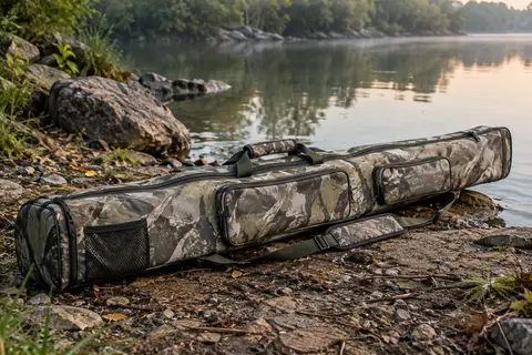 Fourreau de pêche long à motif camouflage clair, posé près d’une rive avec ses poches et ses compartiments visibles.