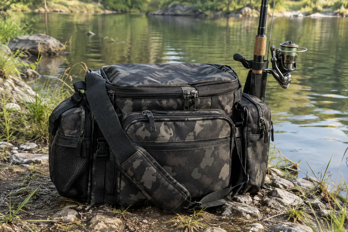 Sac de pêche camouflage noir avec poches latérales et support de canne posé sur une rive calme.