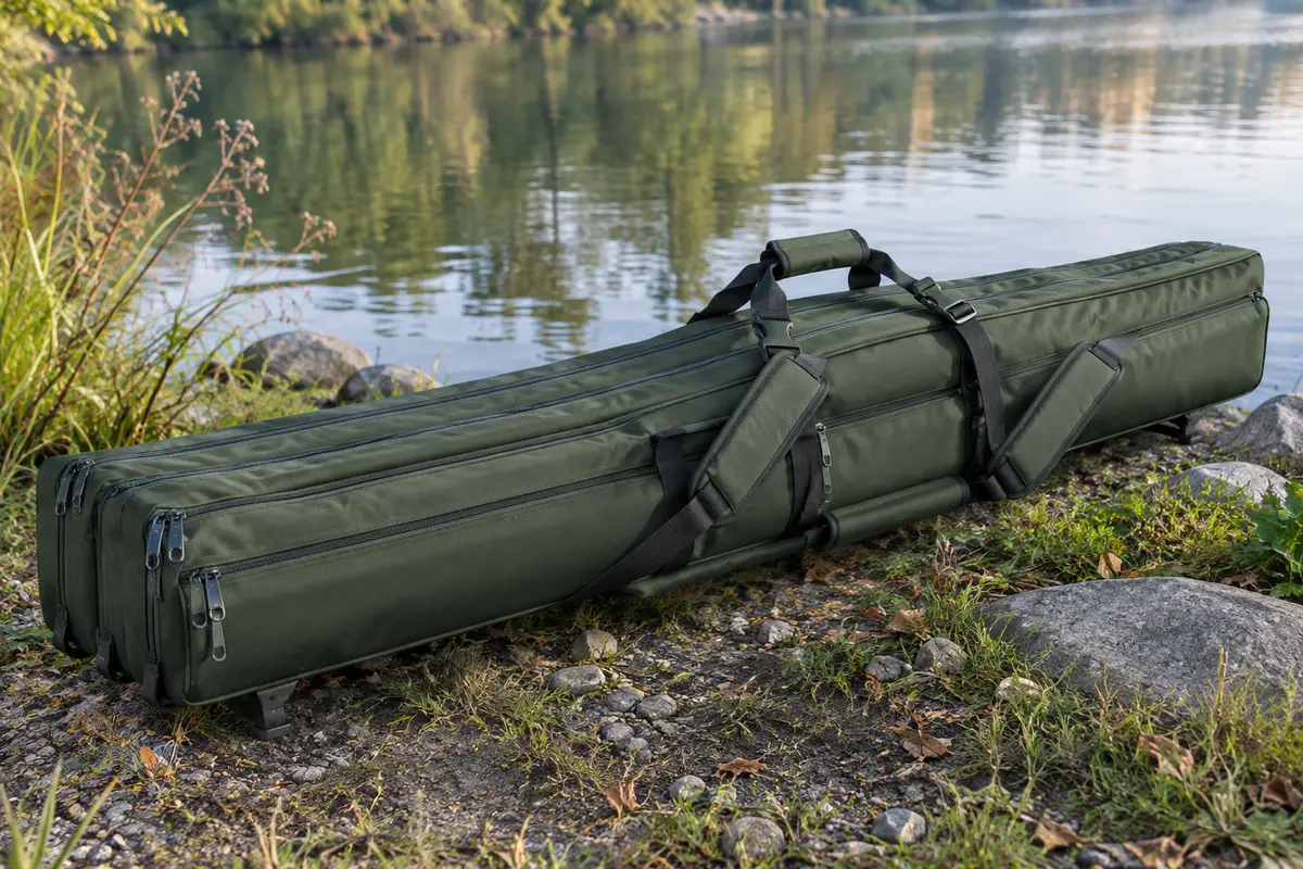 Fourreau vert à trois compartiments posé au bord de l’eau, avec poignées et bretelles de portage.