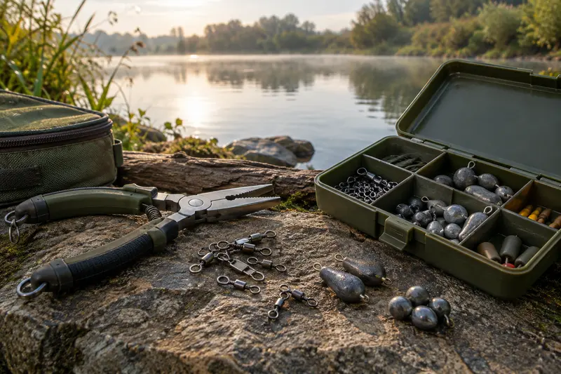Pince, émerillons, plombs et boîte réunis pour comparer des accessoires de pêche